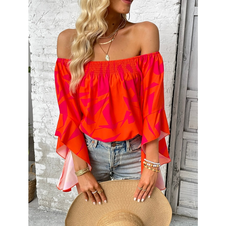 Printed Off-Shoulder Bell Sleeve Blouse