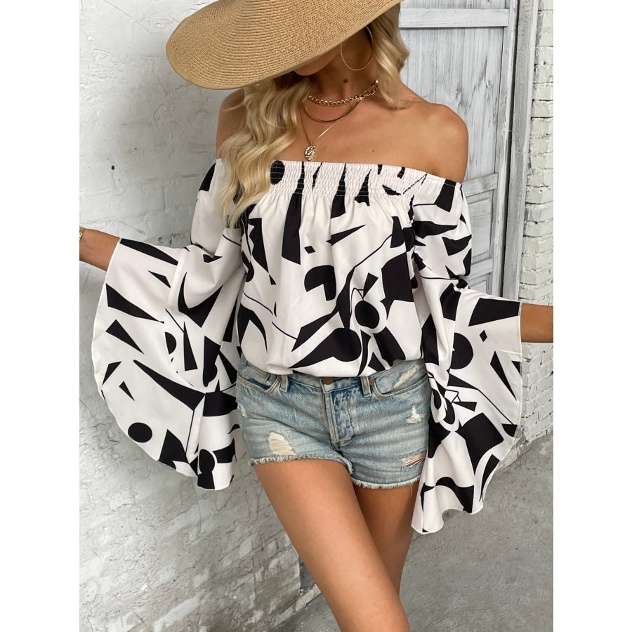 Printed Off-Shoulder Bell Sleeve Blouse White / S