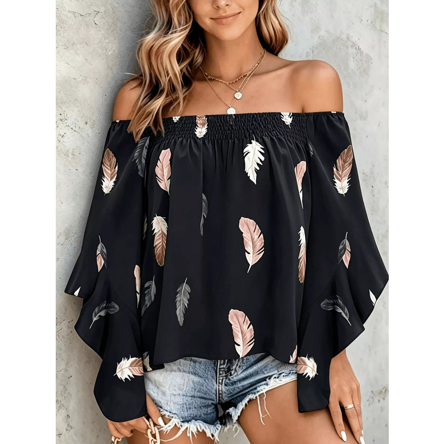 Printed Off Shoulder Blouse Black / S Apparel and Accessories
