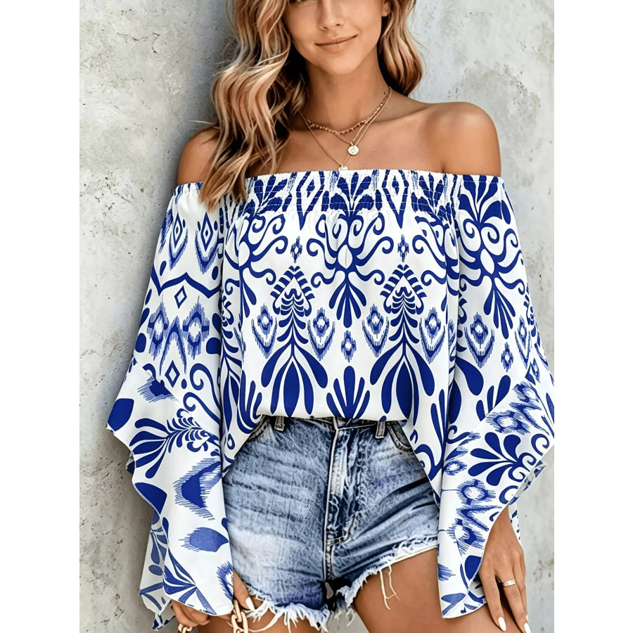 Printed Off Shoulder Blouse Blue / S Apparel and Accessories