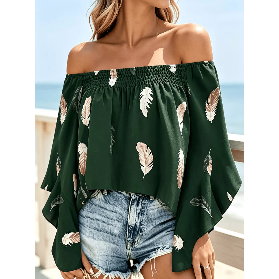 Printed Off Shoulder Blouse Dark Green / S Apparel and Accessories