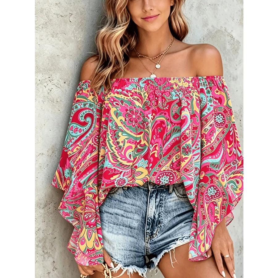 Printed Off Shoulder Blouse Pink / S Apparel and Accessories