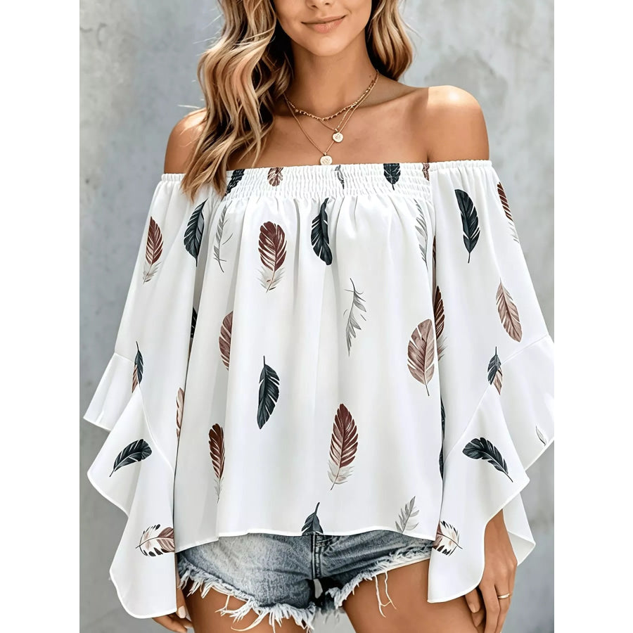 Printed Off Shoulder Blouse White / S Apparel and Accessories