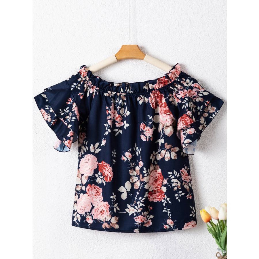 Printed Off - Shoulder Flounce Sleeve Blouse Apparel and Accessories