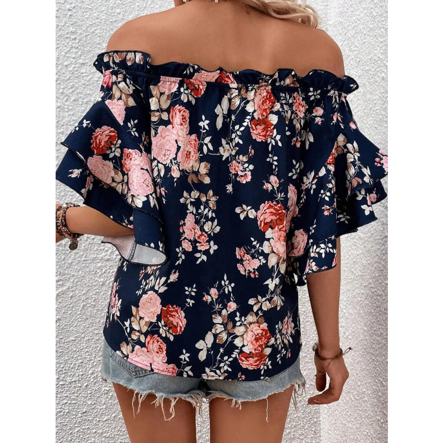 Printed Off - Shoulder Flounce Sleeve Blouse Apparel and Accessories