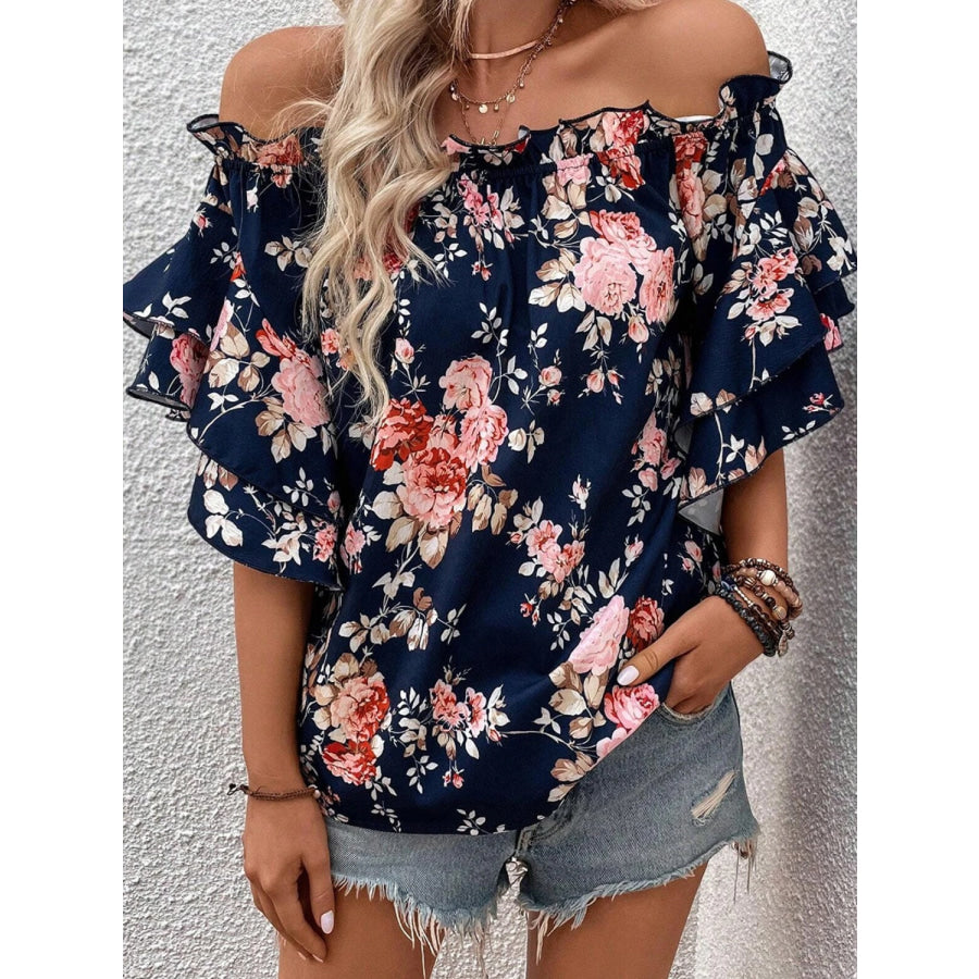 Printed Off - Shoulder Flounce Sleeve Blouse Navy / S Apparel and Accessories