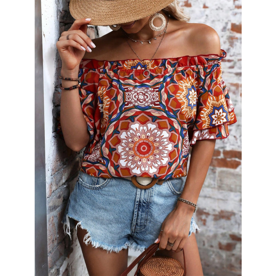 Printed Off-Shoulder Half Sleeve Blouse Apparel and Accessories