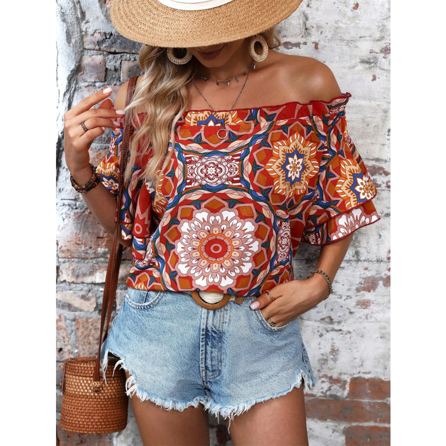 Printed Off-Shoulder Half Sleeve Blouse Apparel and Accessories