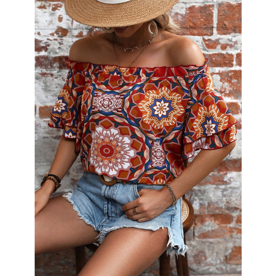 Printed Off-Shoulder Half Sleeve Blouse Apparel and Accessories