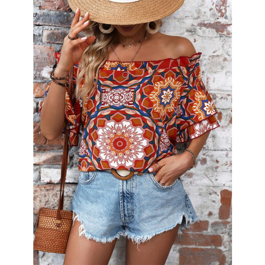 Printed Off-Shoulder Half Sleeve Blouse Terracotta / S Apparel and Accessories