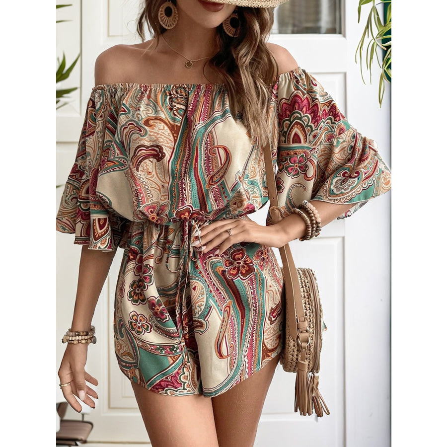 Printed Off Shoulder Half Sleeve Romper Apparel and Accessories