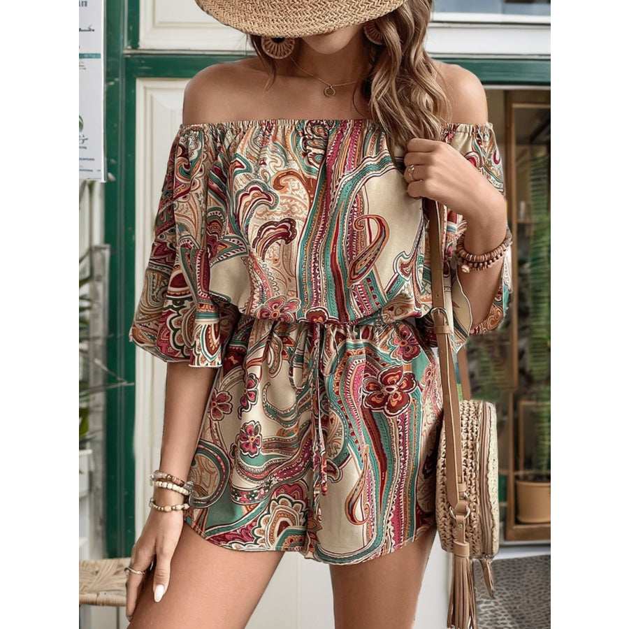 Printed Off Shoulder Half Sleeve Romper Apparel and Accessories