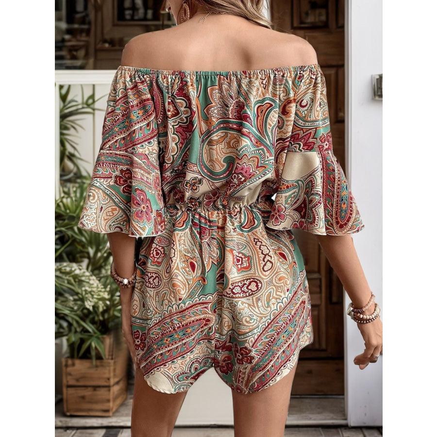 Printed Off Shoulder Half Sleeve Romper Multicolor / S Apparel and Accessories
