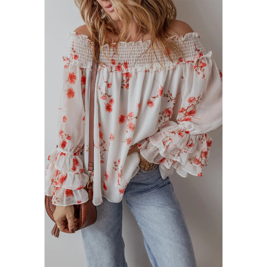 Printed Off-Shoulder Long Sleeve Blouse Apparel and Accessories