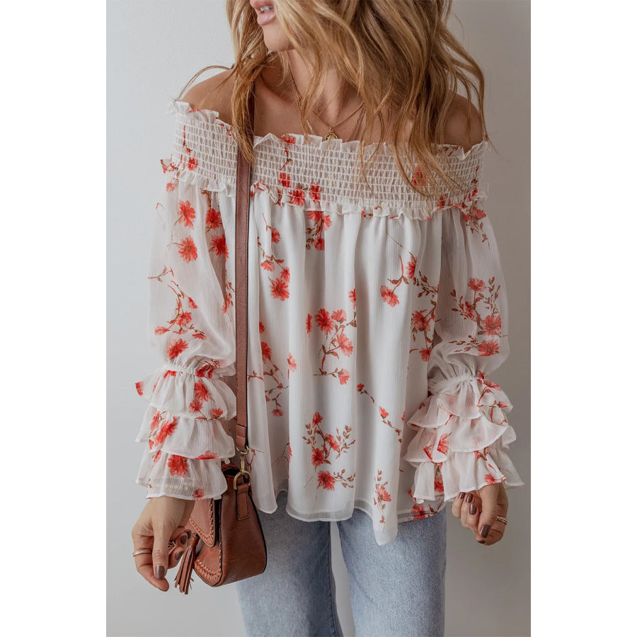 Printed Off-Shoulder Long Sleeve Blouse Apparel and Accessories