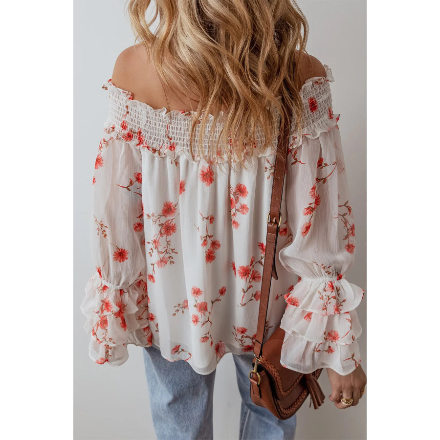 Printed Off-Shoulder Long Sleeve Blouse Apparel and Accessories