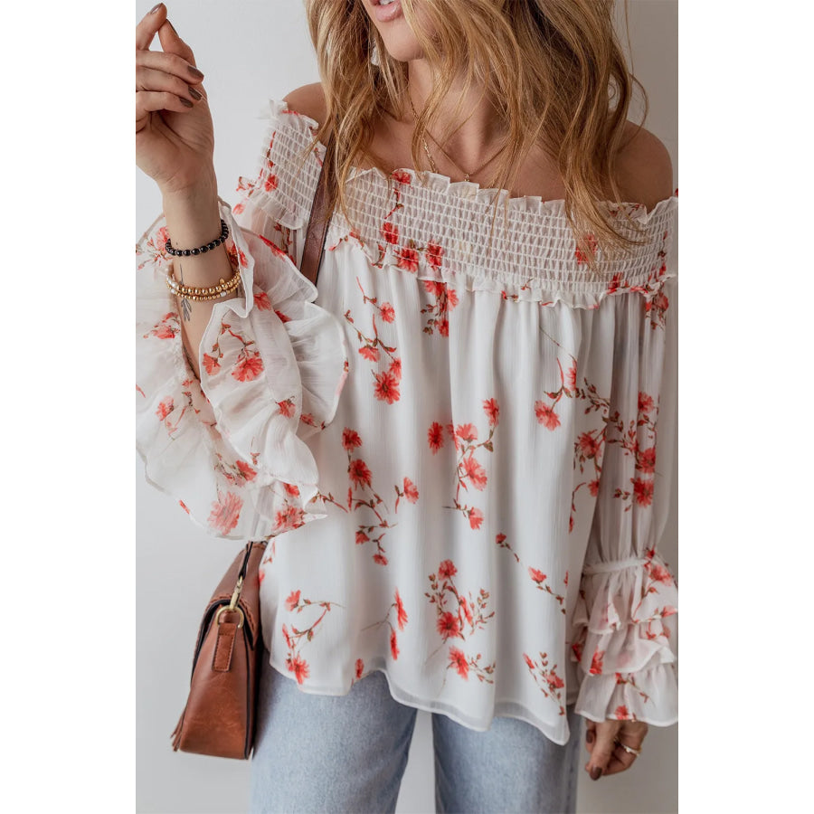 Printed Off-Shoulder Long Sleeve Blouse Apparel and Accessories