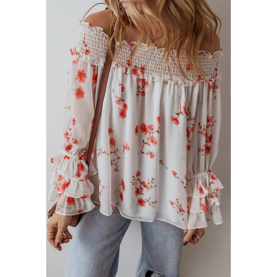 Printed Off-Shoulder Long Sleeve Blouse White / S Apparel and Accessories