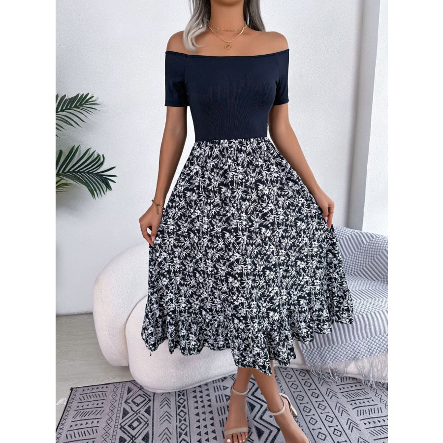 Printed Off-Shoulder Ruffle Hem Dress Black / S