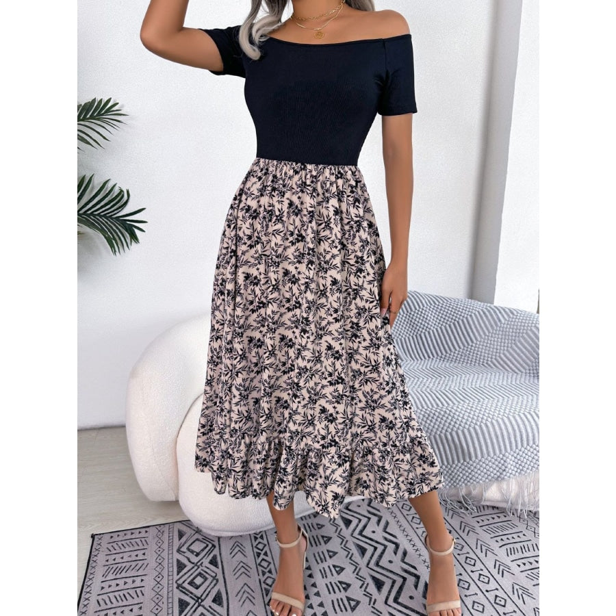 Printed Off-Shoulder Ruffle Hem Dress Dust Storm / S