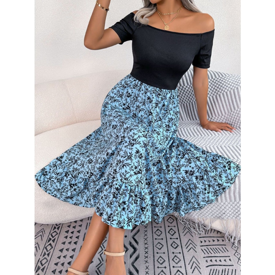 Printed Off-Shoulder Ruffle Hem Dress