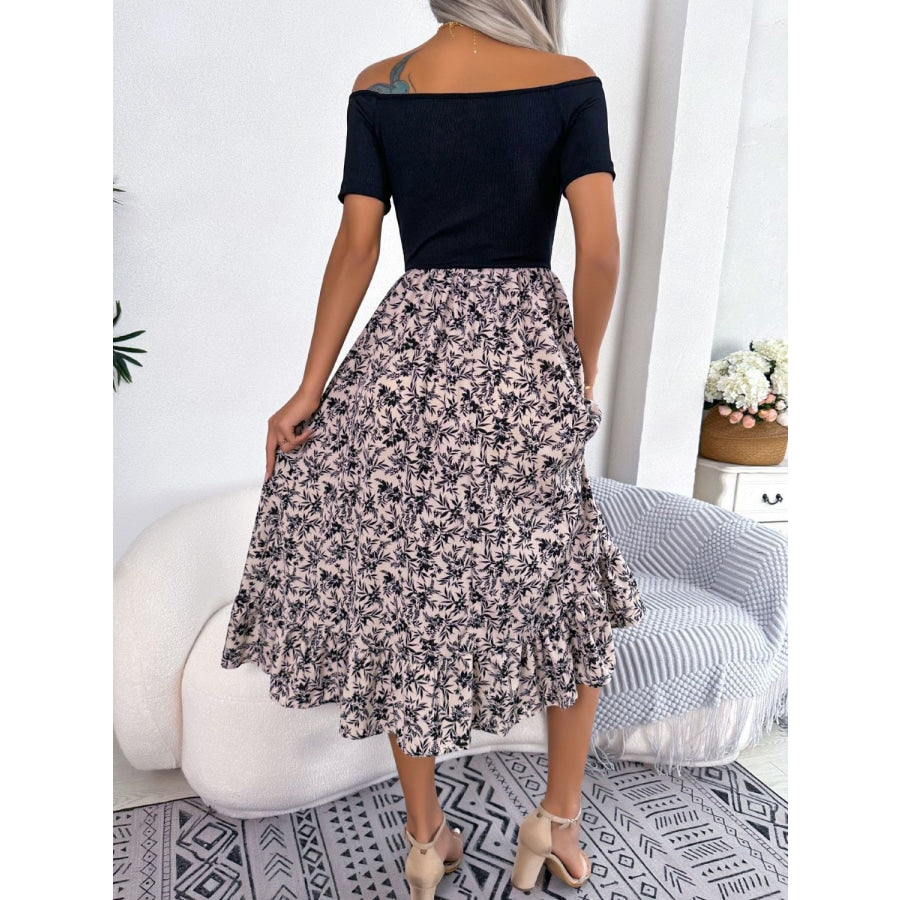 Printed Off-Shoulder Ruffle Hem Dress