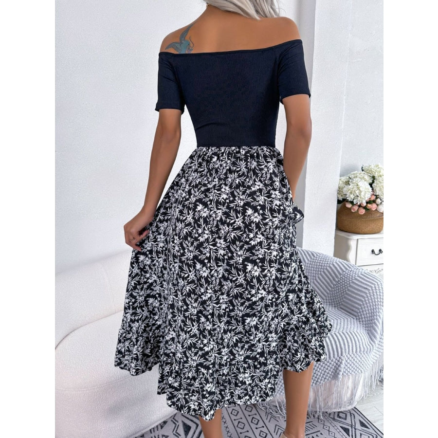 Printed Off-Shoulder Ruffle Hem Dress