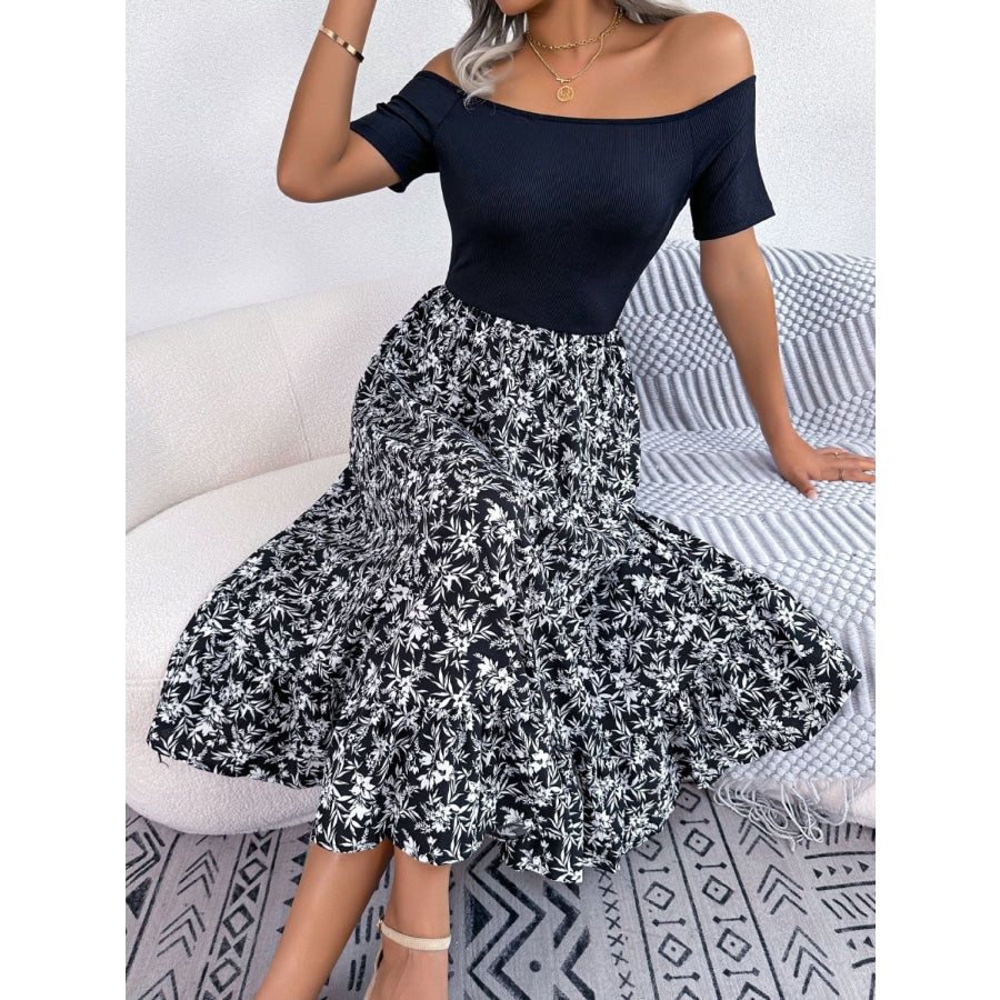 Printed Off-Shoulder Ruffle Hem Dress