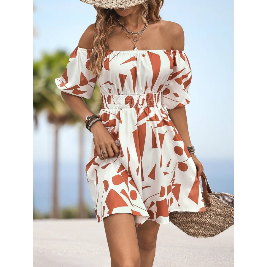 Printed Off-Shoulder Smocked Waist Dress Red Orange / S