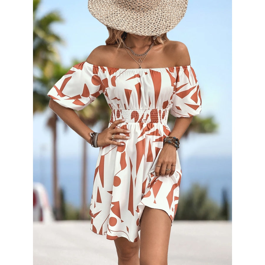 Printed Off-Shoulder Smocked Waist Dress