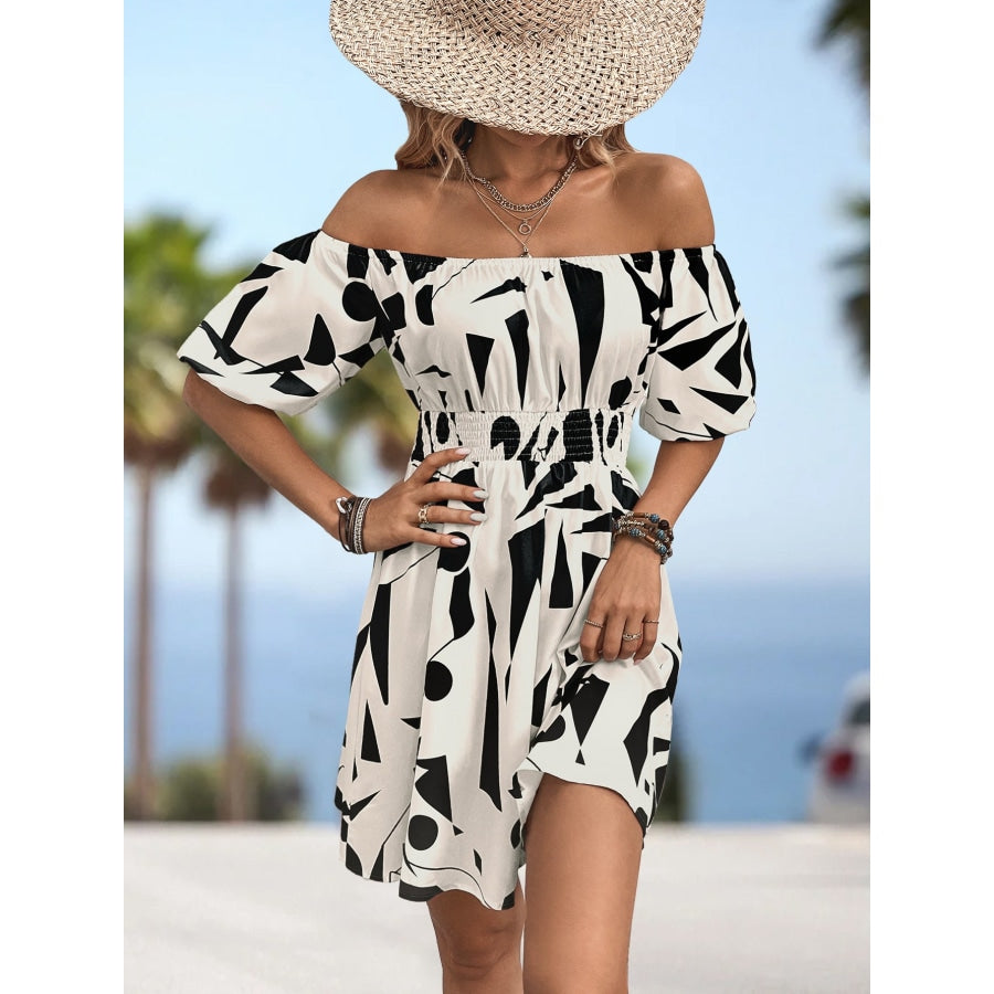 Printed Off-Shoulder Smocked Waist Dress