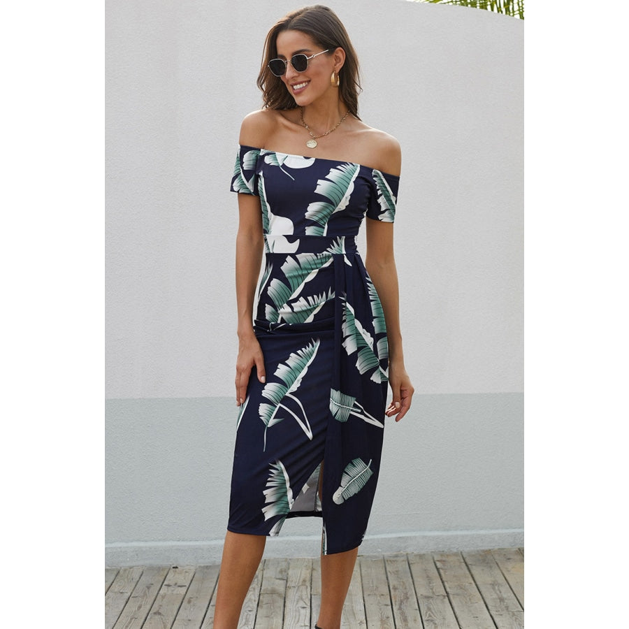 Printed Off-Shoulder Split Dress Dark Navy / S