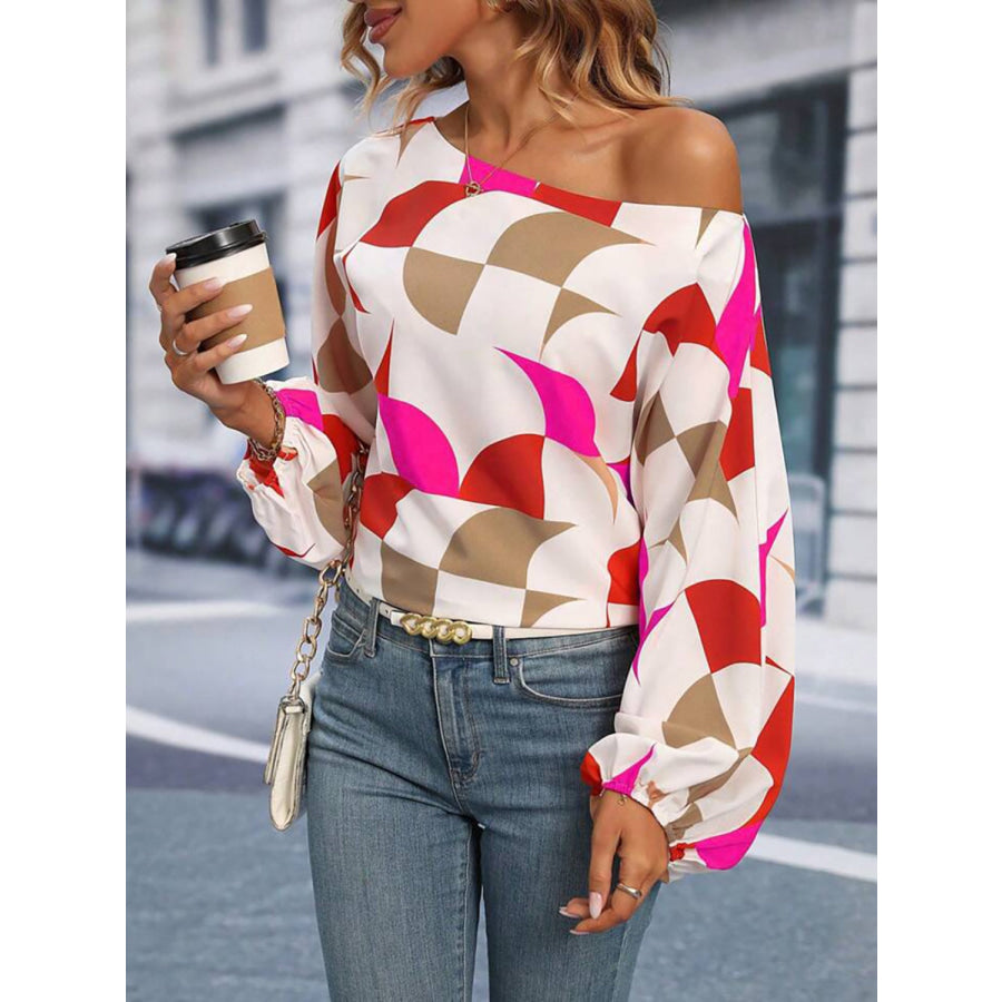 Printed One Shoulder Balloon Sleeve Blouse Apparel and Accessories