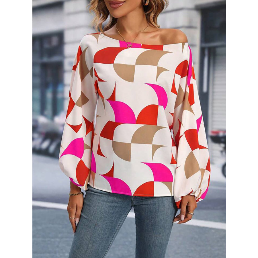 Printed One Shoulder Balloon Sleeve Blouse Apparel and Accessories