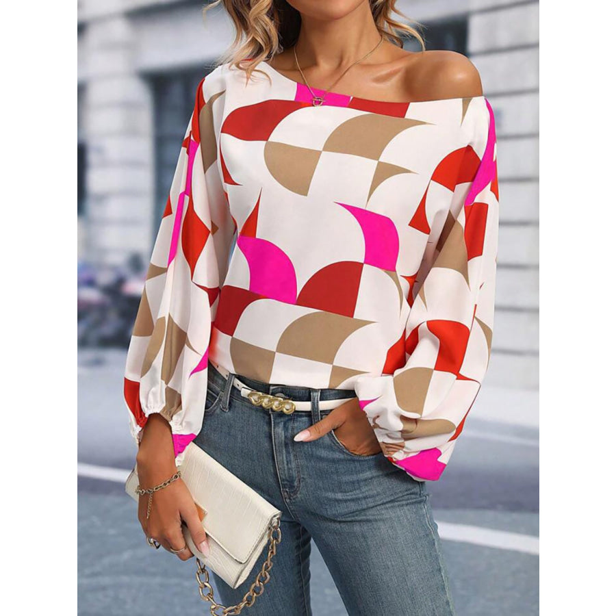 Printed One Shoulder Balloon Sleeve Blouse Apparel and Accessories