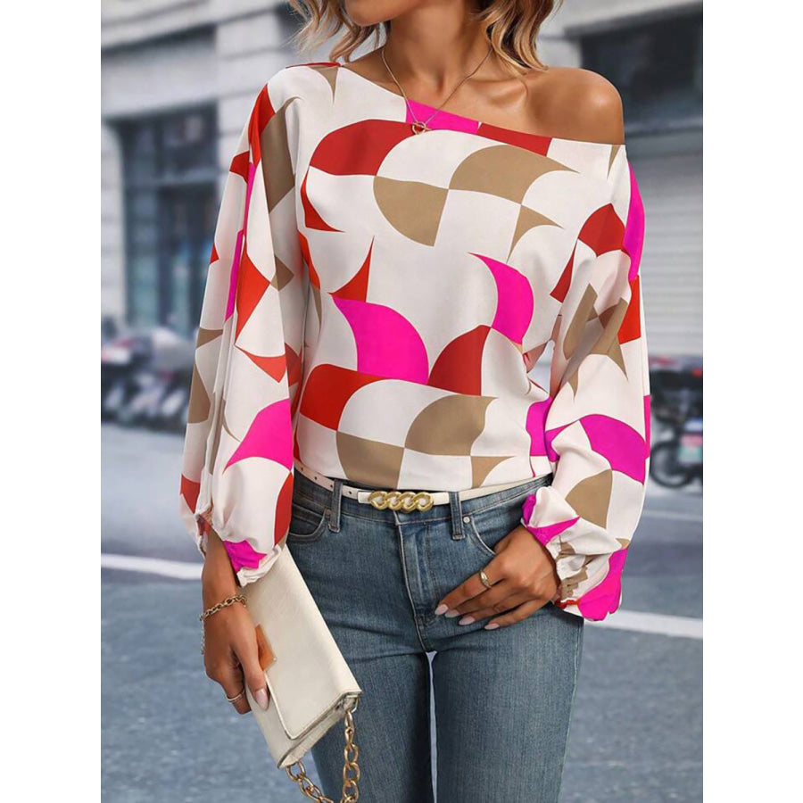 Printed One Shoulder Balloon Sleeve Blouse Hot Pink / S Apparel and Accessories