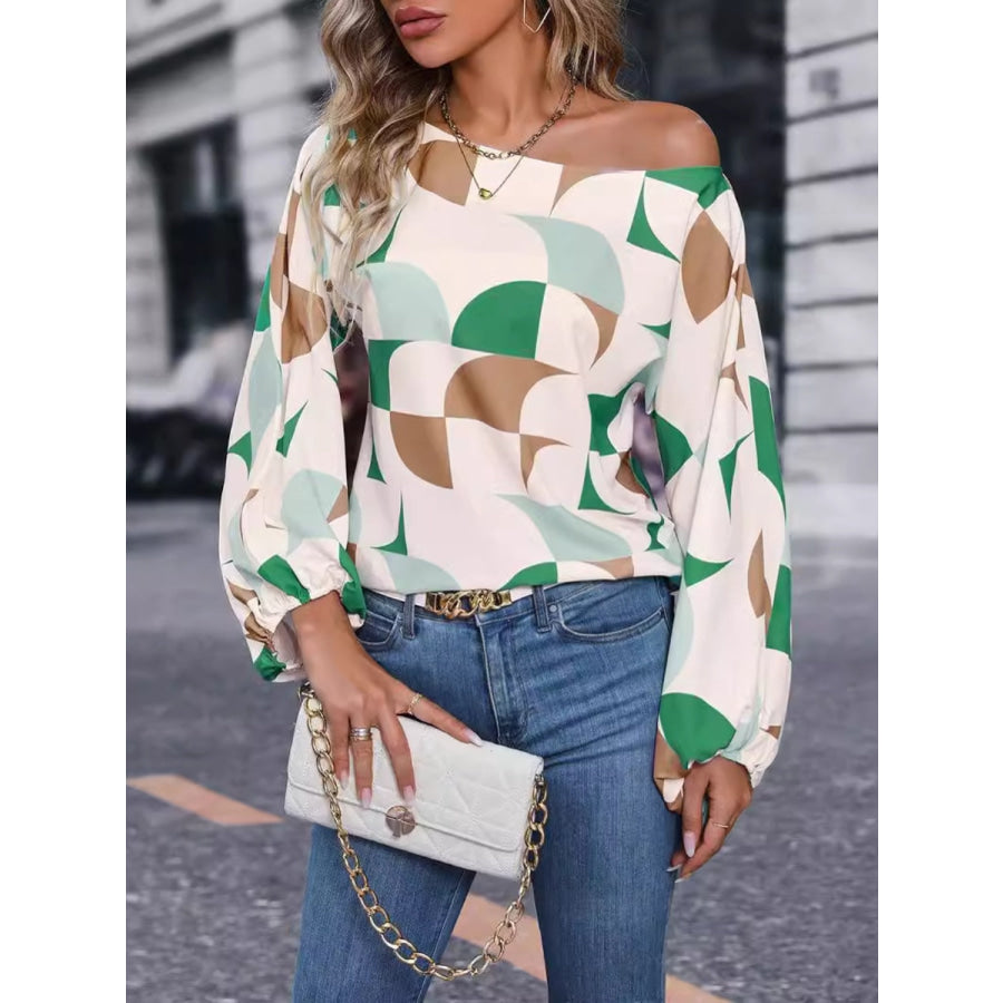 Printed One Shoulder Balloon Sleeve Blouse Mid Green / S Apparel and Accessories