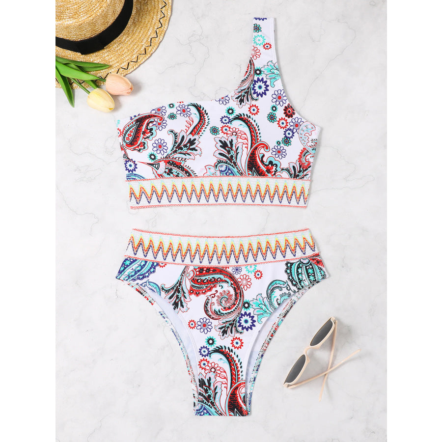 Printed One Shoulder Two-Piece Swim Set Apparel and Accessories