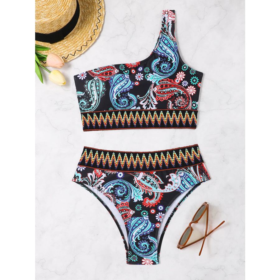 Printed One Shoulder Two-Piece Swim Set Black / S Apparel and Accessories