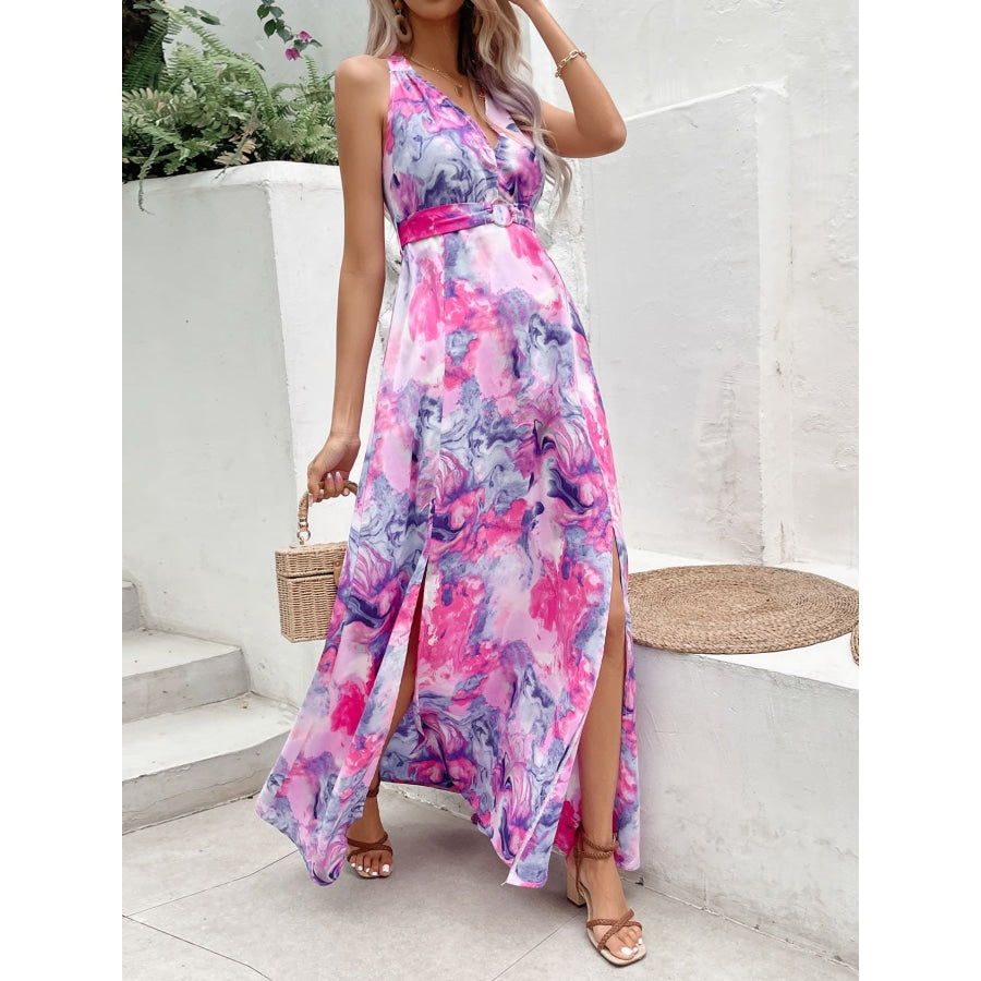 Printed Open Back Slit Sleeveless Dress Multicolor / S