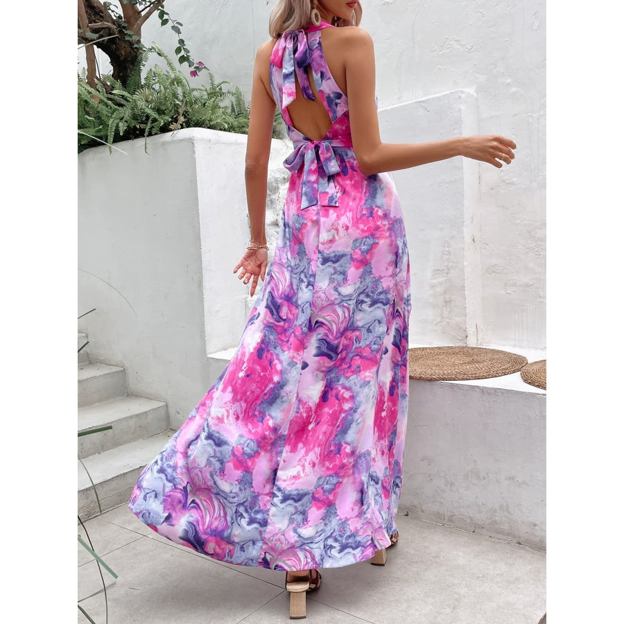 Printed Open Back Slit Sleeveless Dress Multicolor / S