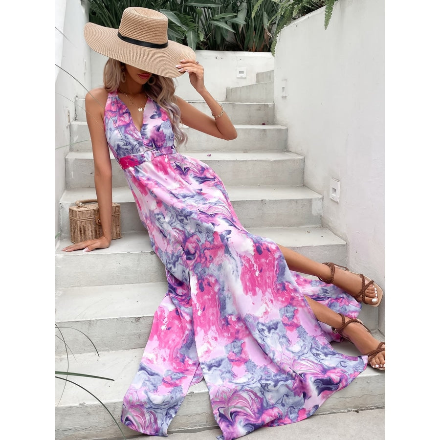 Printed Open Back Slit Sleeveless Dress