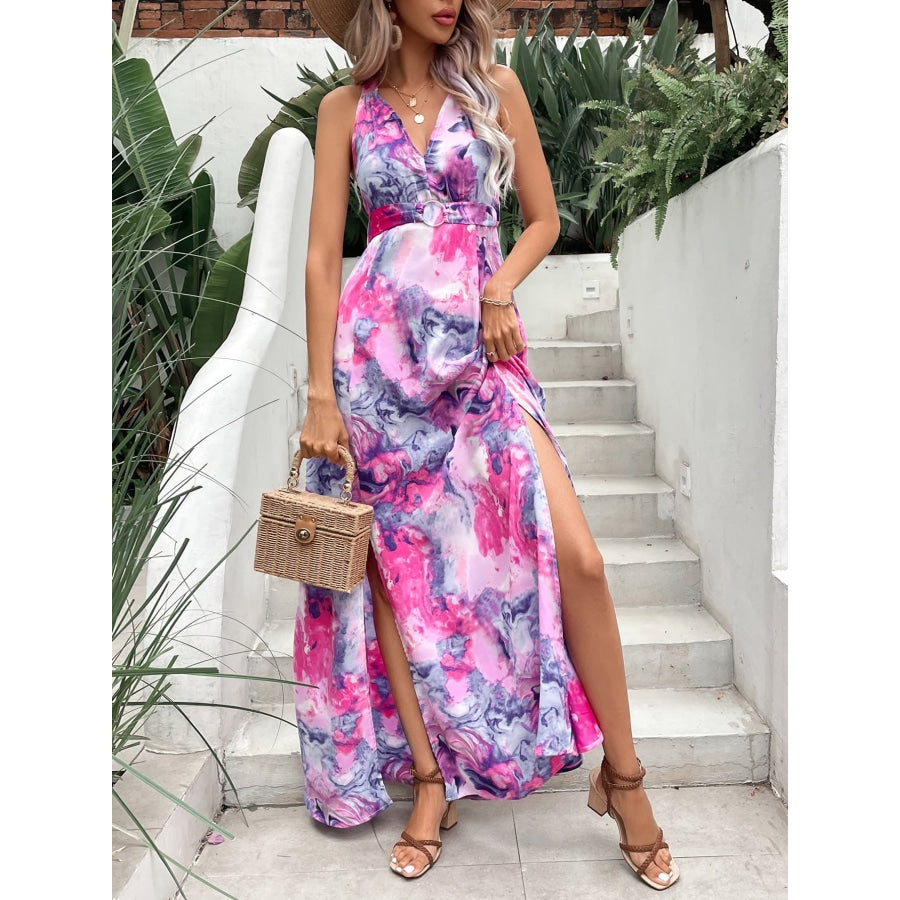 Printed Open Back Slit Sleeveless Dress