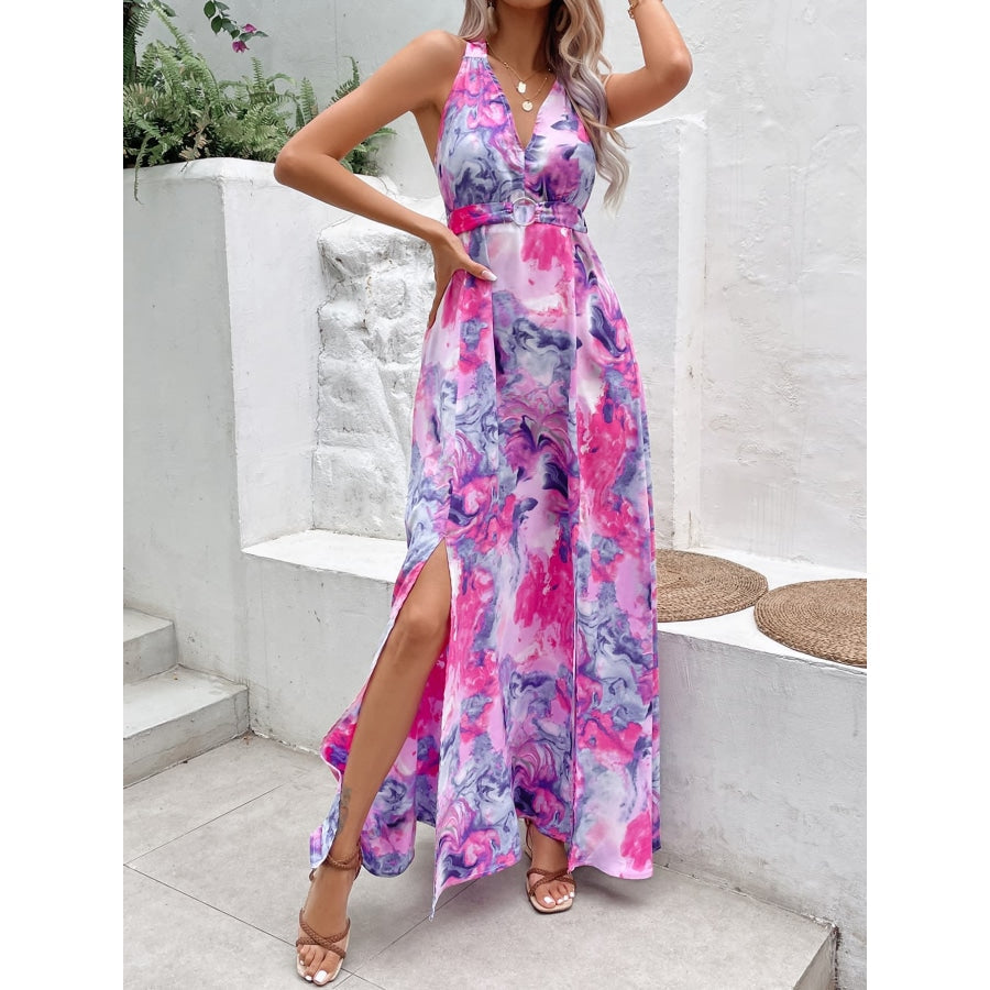 Printed Open Back Slit Sleeveless Dress