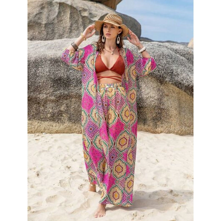 Printed Open Front Cardigan and Pants Set Clothing