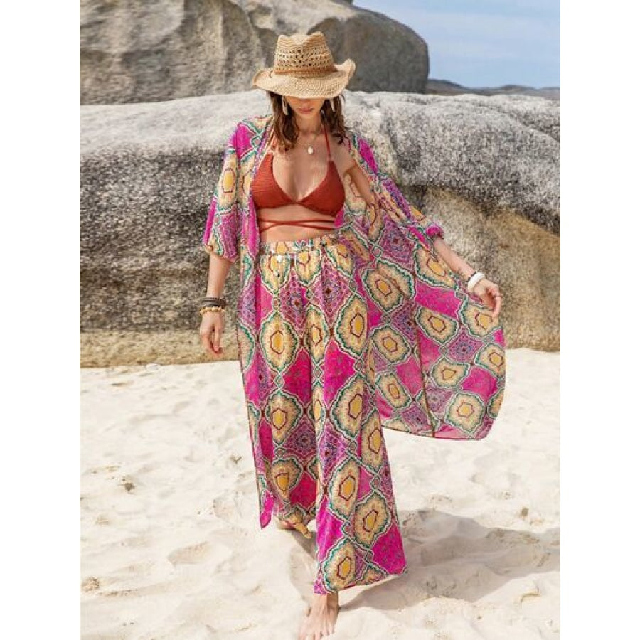 Printed Open Front Cardigan and Pants Set Clothing