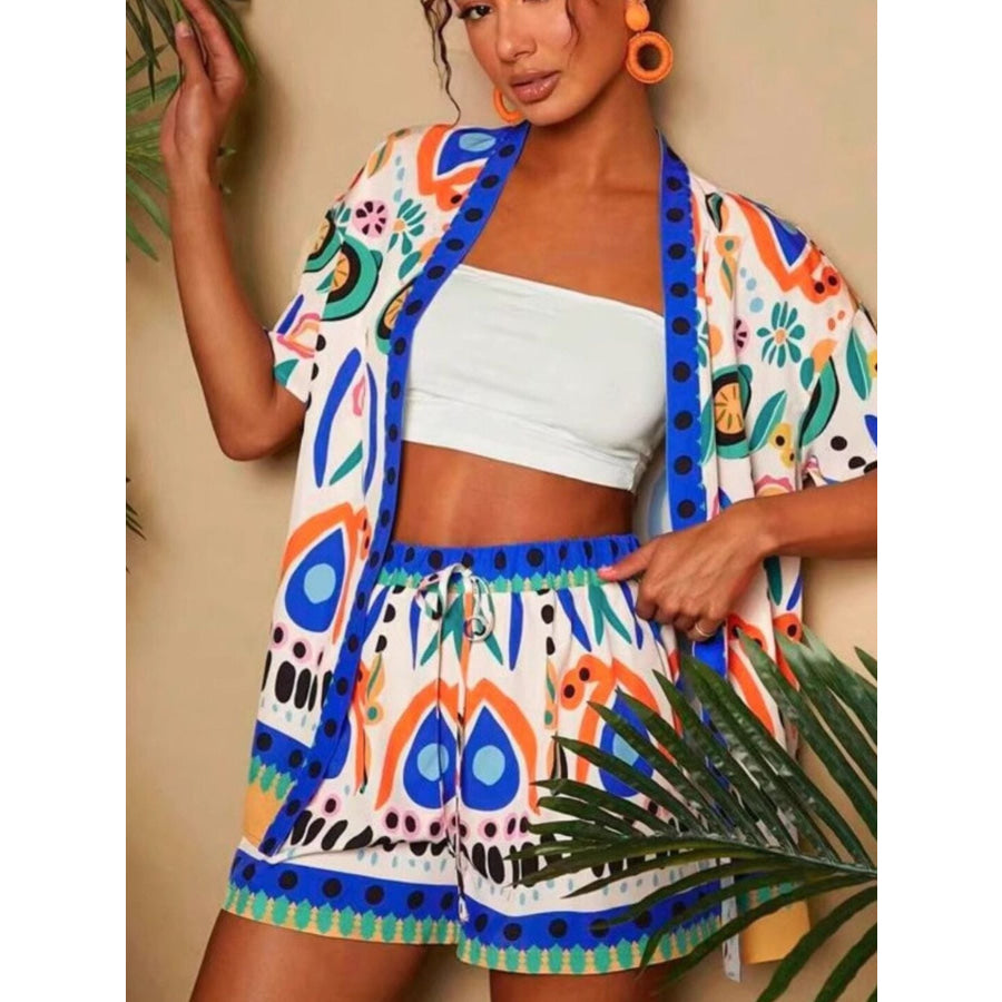 Printed Open Front Cardigan and Shorts Set Apparel and Accessories