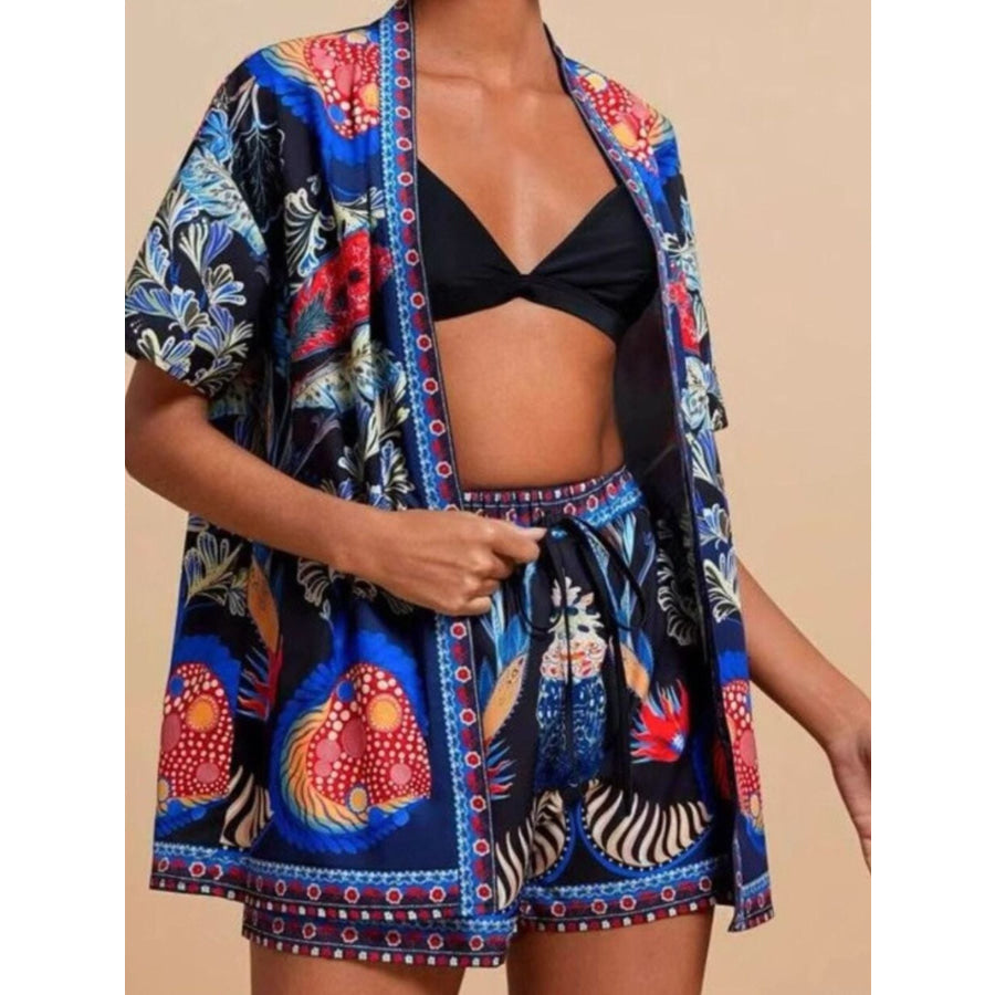 Printed Open Front Cardigan and Shorts Set Apparel and Accessories