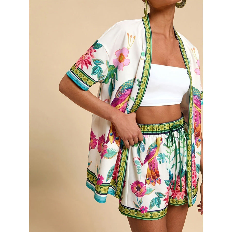 Printed Open Front Cardigan and Shorts Set Apparel and Accessories