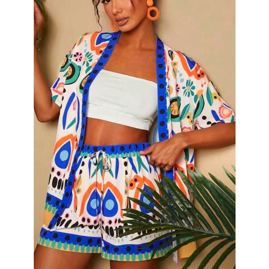 Printed Open Front Cardigan and Shorts Set Blue / XS Apparel and Accessories